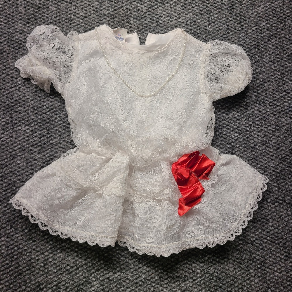Vintage Sharlyn Lace Dress Girls 2T White Ribbon Bow Puff Sleeve 1507 USA Made